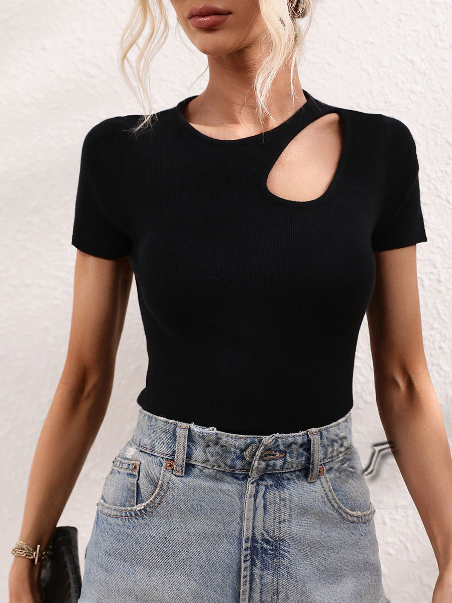 T-Shirts - Solid Color Loose Pleated Stitching T-Shirt - MsDressly