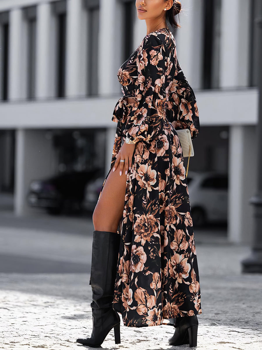 Maxi Dresses - Fashion Print Long Sleeve V Neck Sexy Maxi Dress - MsDressly