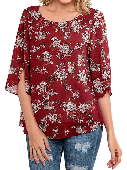 T-Shirts - Casual Scoop Neck Loose 3/4 Sleeve Chiffon T-Shirt - MsDressly