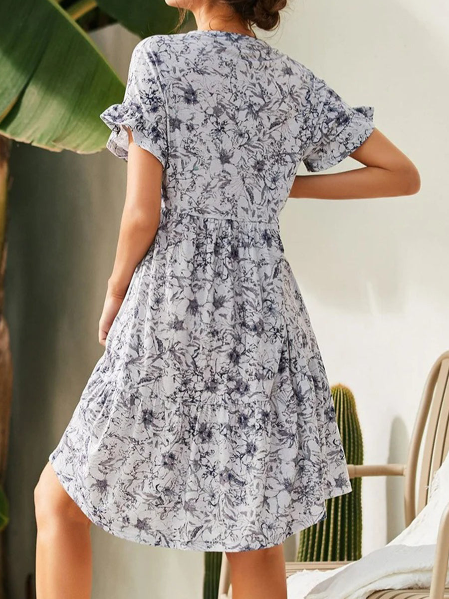 Mini Dresses - V Neck Button Print Loose Casual Mini Dress - MsDressly