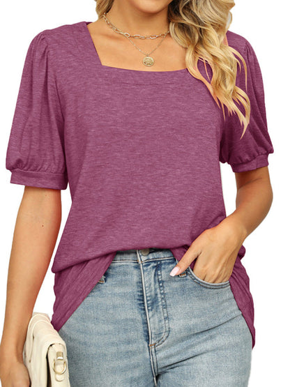 Blouses - Casual Loose Square Neck Puff Sleeve Blouse - MsDressly