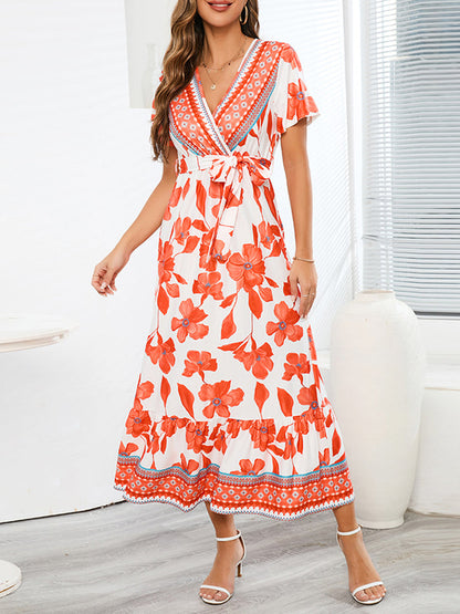 Midi Dresses - Retro Print Tie Slimming V Neck Fit Midi Dress - MsDressly