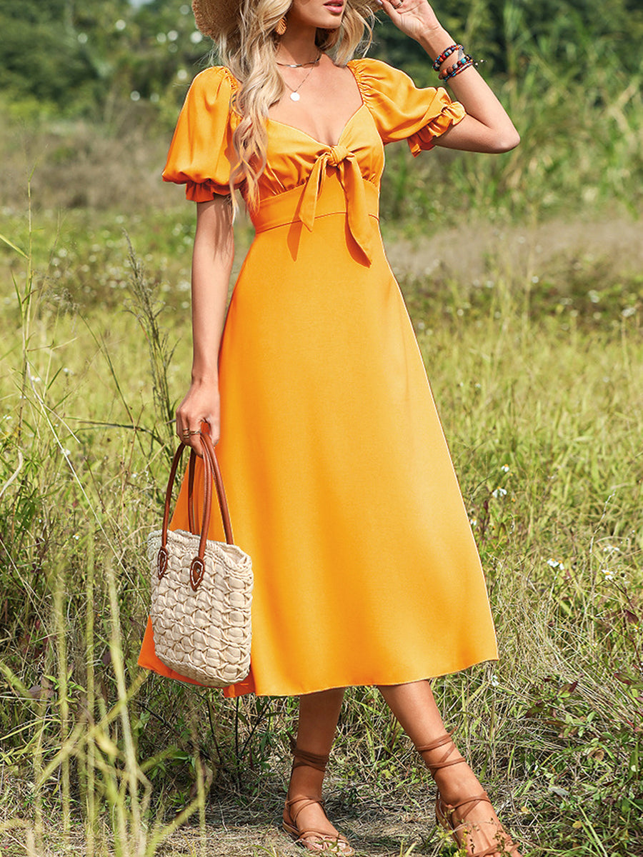 Midi Dresses - Stylish V Neck Elegant Solid Color For Versatile Puff Sleeve Midi Dress - MsDressly