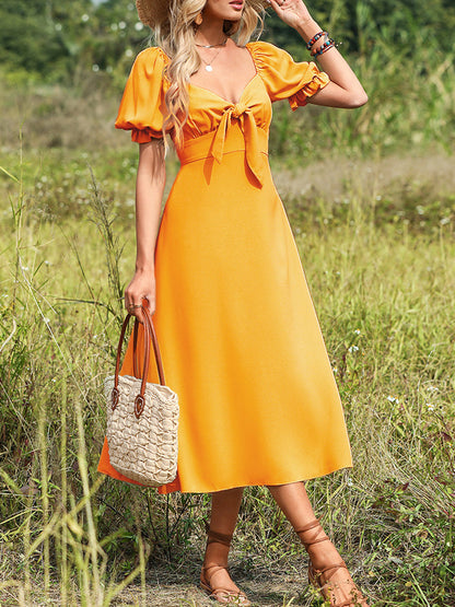 Midi Dresses - Stylish V Neck Elegant Solid Color For Versatile Puff Sleeve Midi Dress - MsDressly