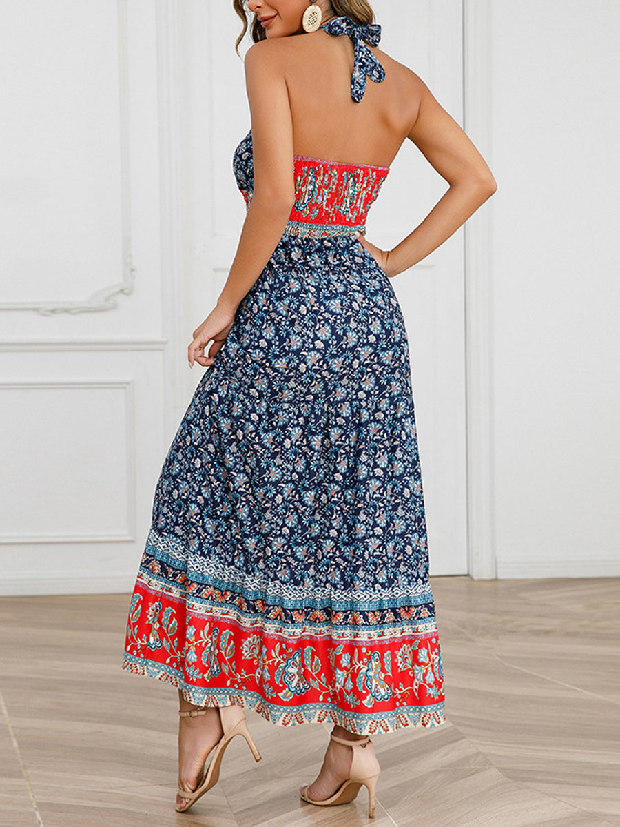 Midi Dresses - Sexy Retro Floral Slim Fit Halter Neck Midi Dress - MsDressly