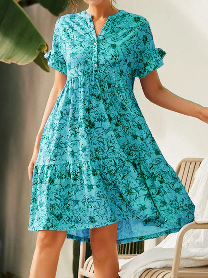 Mini Dresses - V Neck Button Print Loose Casual Mini Dress - MsDressly