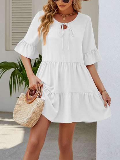 Mini Dresses - Stylish Pleated Ruffle Short Sleeve Mini Dress - MsDressly