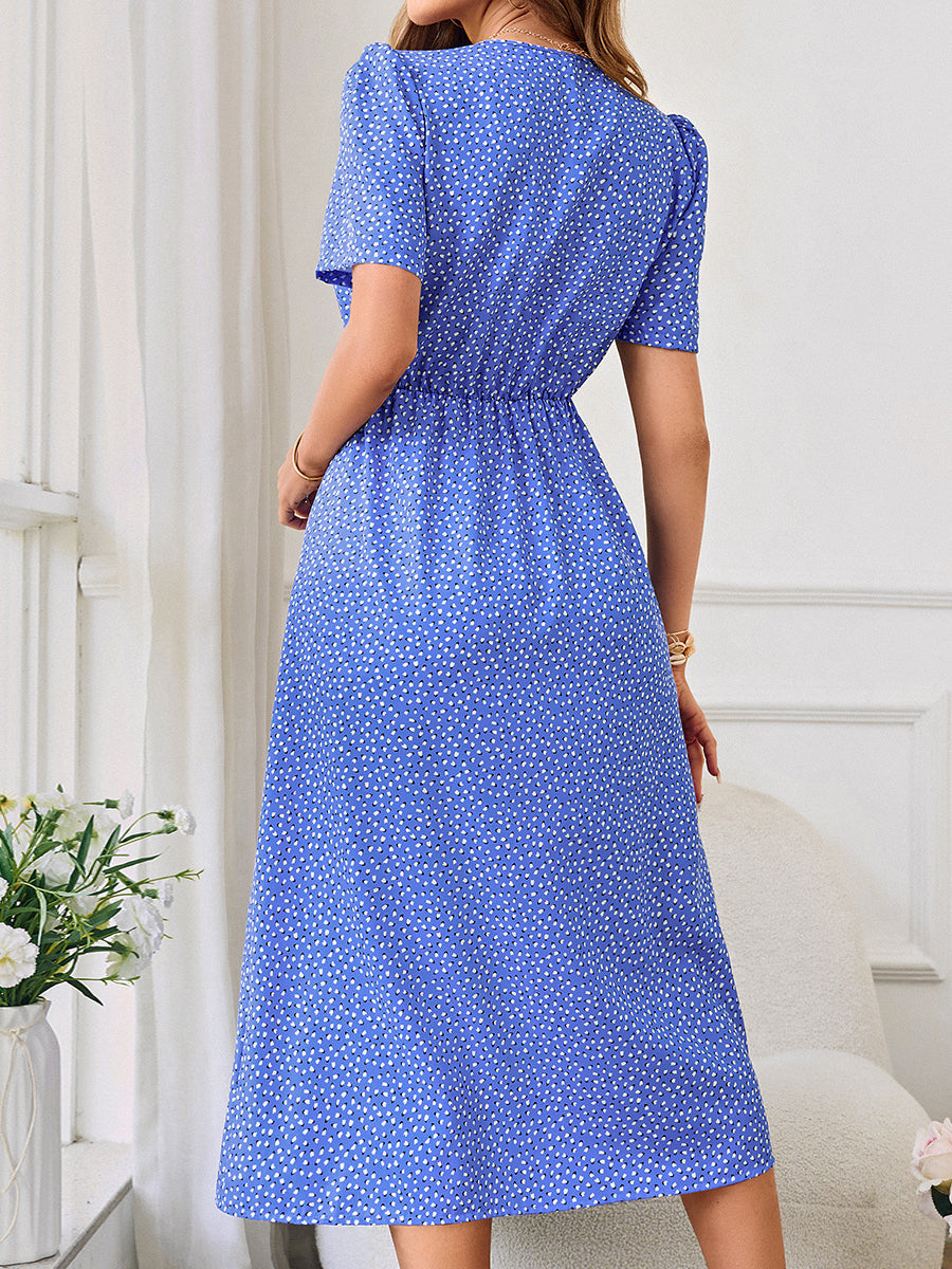 Midi Dresses - Fresh Printed Waist Tie V-Neck Midi Dress - MsDressly