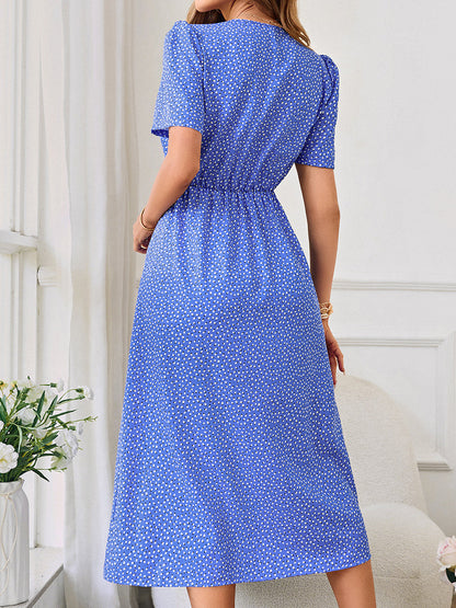 Midi Dresses - Fresh Printed Waist Tie V-Neck Midi Dress - MsDressly