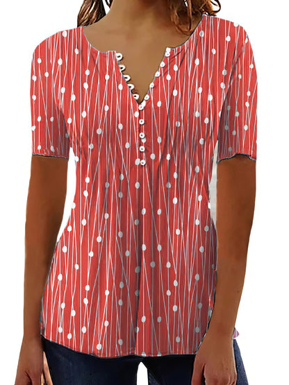 V-Neck Polka Dot Printed Button Short Sleeve Blouse