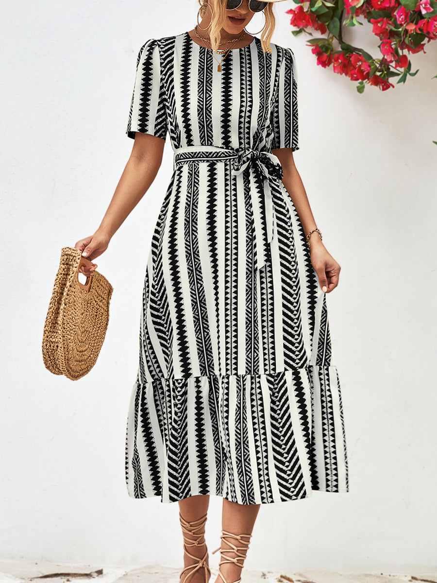 Midi Dresses - Striped Tie Belt Round Neck Puff Sleeve Midi Dress - MsDressly