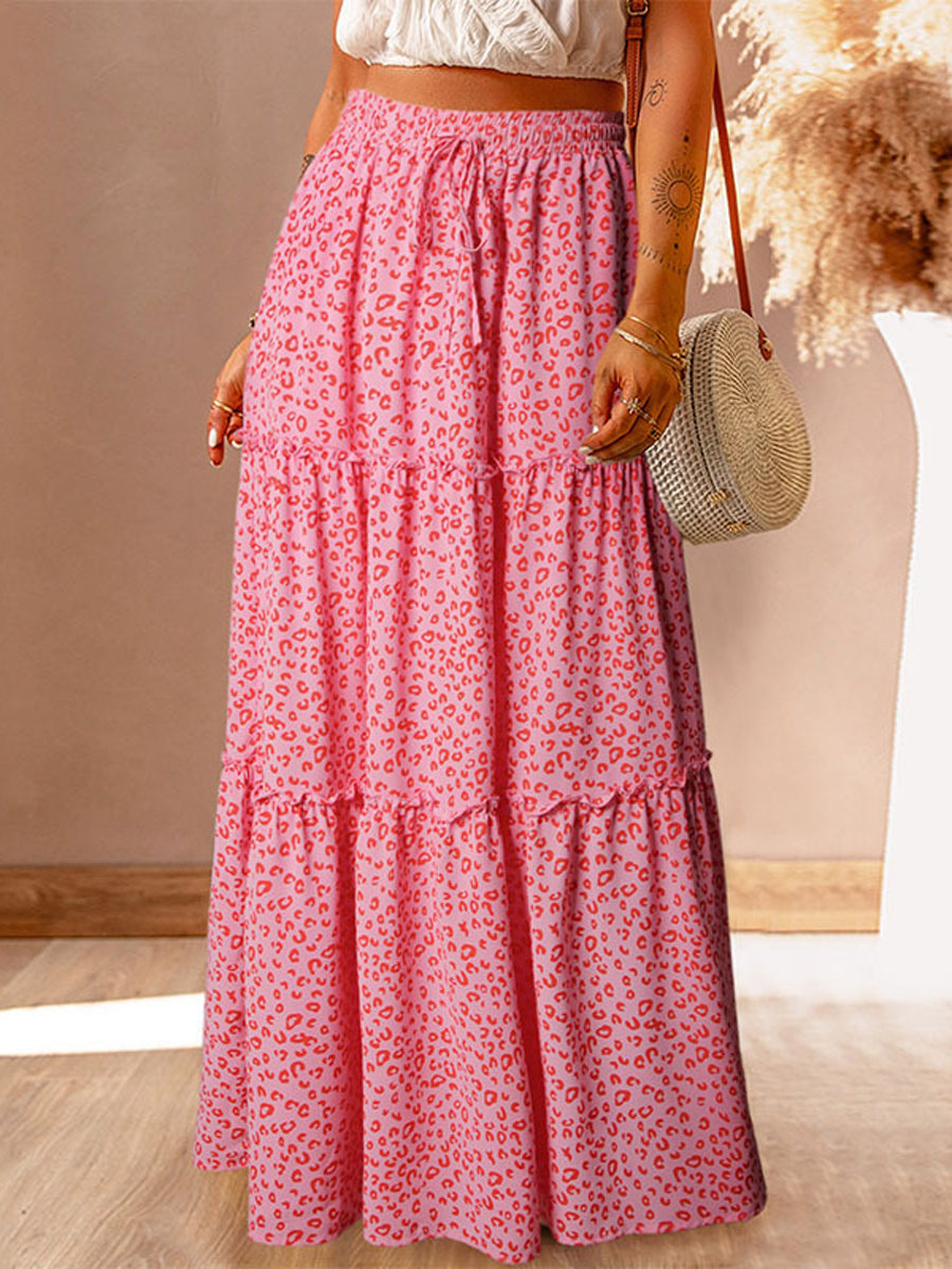 Maxi Dresses - Leopard Drawstring Waist Frill Trim Tiered Maxi Dress - MsDressly