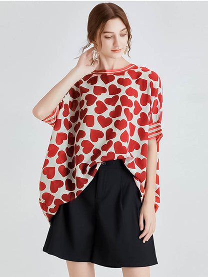 T-Shirts - Silk Print Loose Short-Sleeved T-Shirt - MsDressly