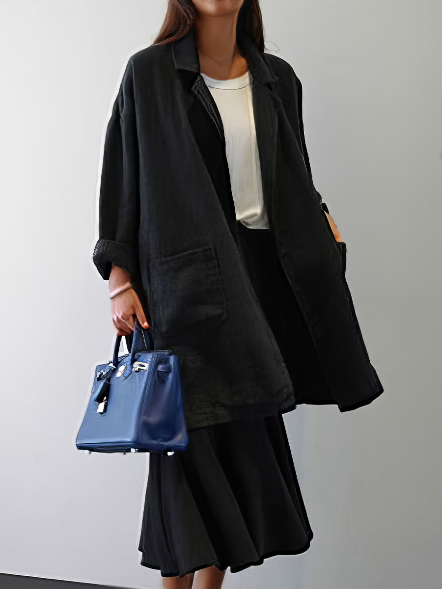 Coats - Literary Style Lapel Loose Solid Color Mid Length Coat - MsDressly