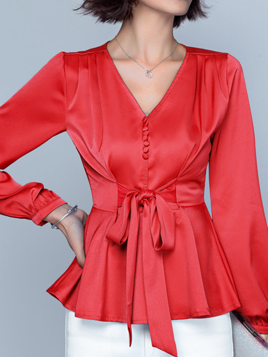 Blouses - Elegant Peplum Tie Front Short Bell Sleeve V Neck Blouse - MsDressly