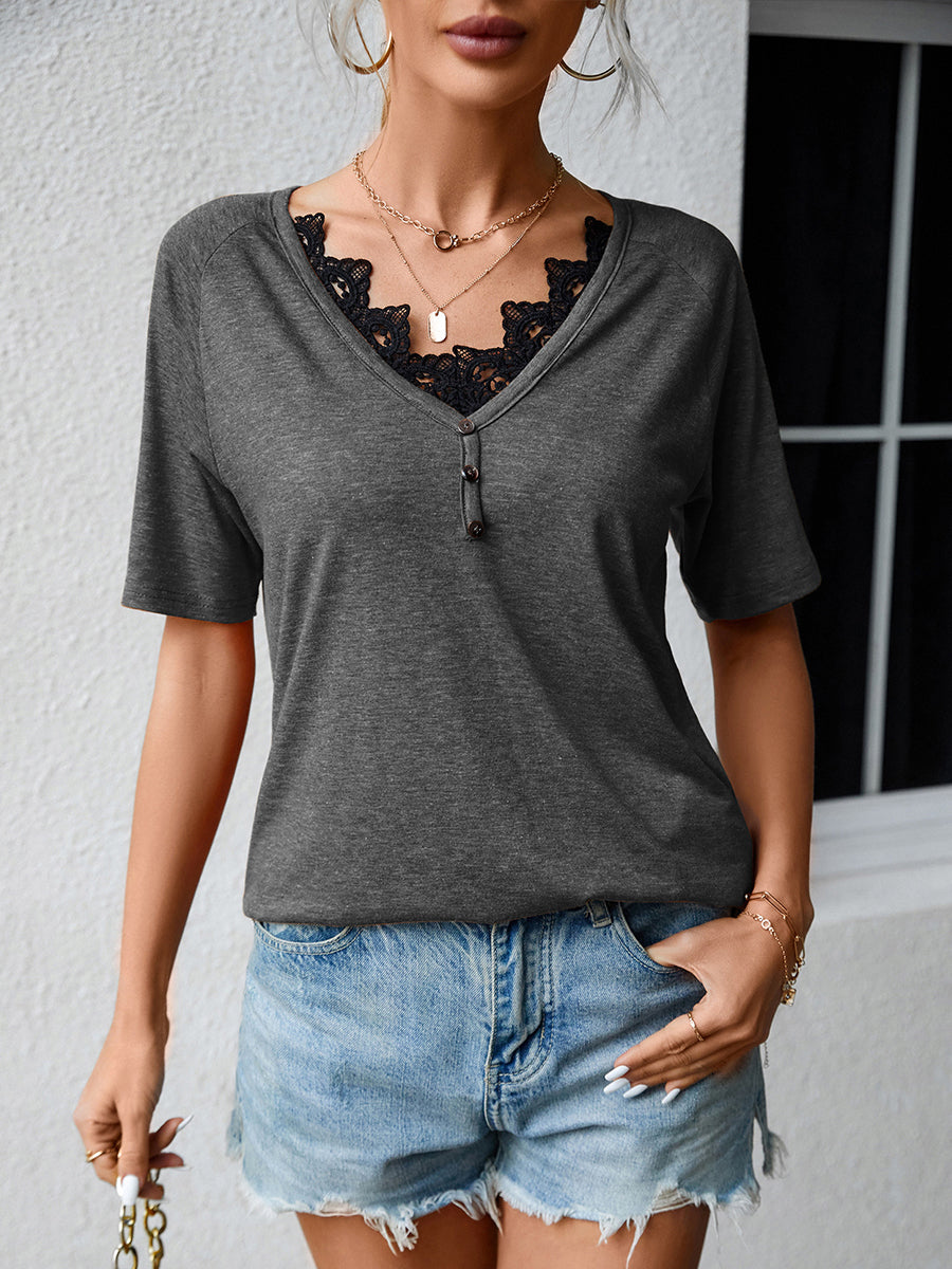 T-Shirts - Loose V Neck Lace Short Sleeve T-Shirt - MsDressly