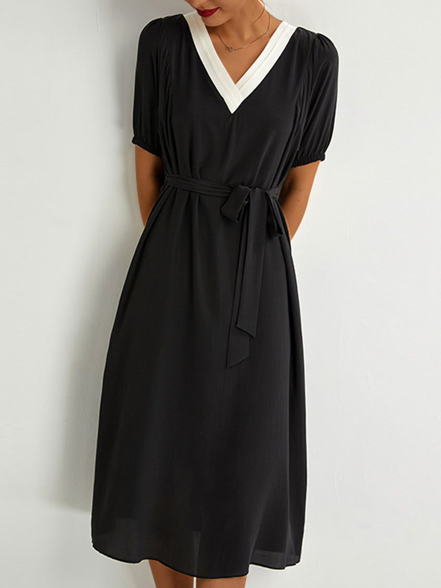 Midi Dresses - Solid Color French Temperament V-Neck Midi Dress - MsDressly