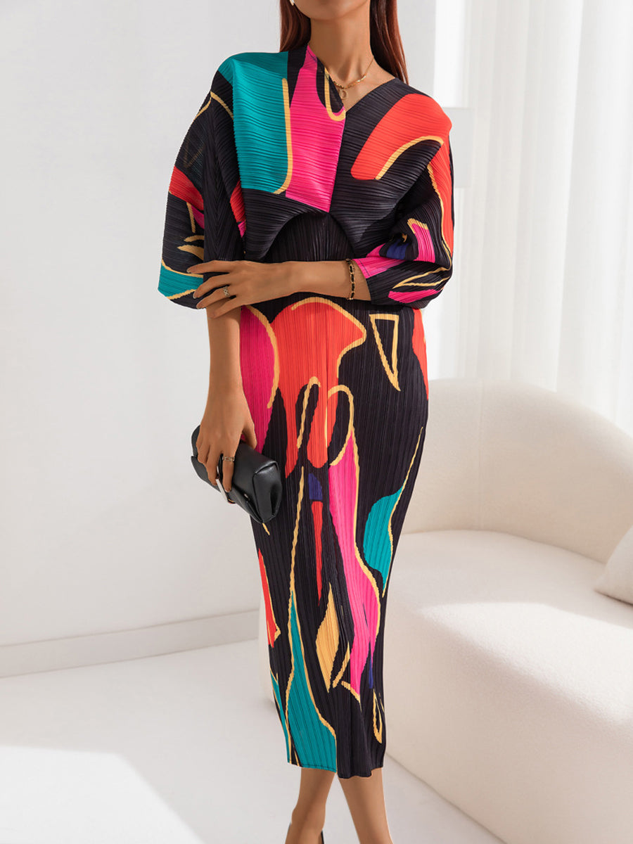 Midi Dresses - Elegant Print Pleated Thin V Neck Midi Dress - MsDressly