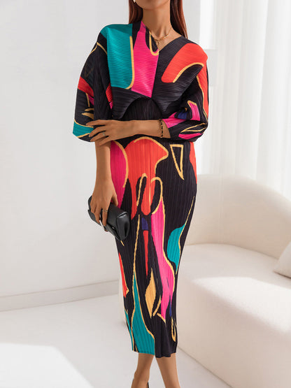 Midi Dresses - Elegant Print Pleated Thin V Neck Midi Dress - MsDressly