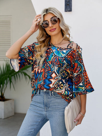 T-Shirts - Oblique Shoulder Print Bands Bandage Loose T-Shirt - MsDressly