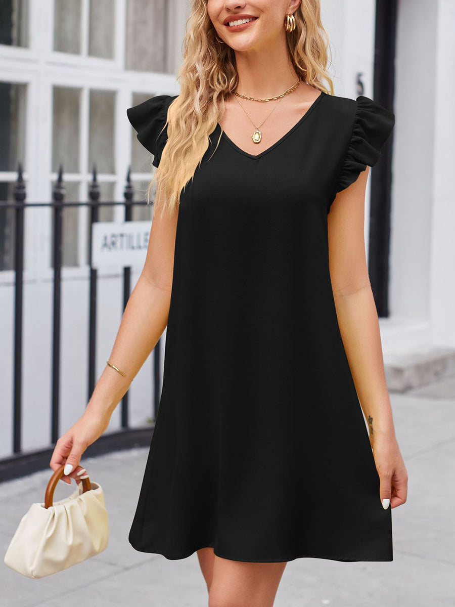 Mini Dresses - V Neck Puff Sleeve Loose Fashion Mini Dress - MsDressly