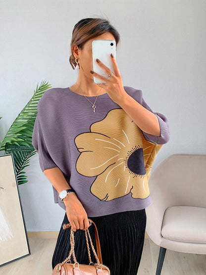 T-Shirts - Printing Pleated Loose Fashion T-Shirt - MsDressly