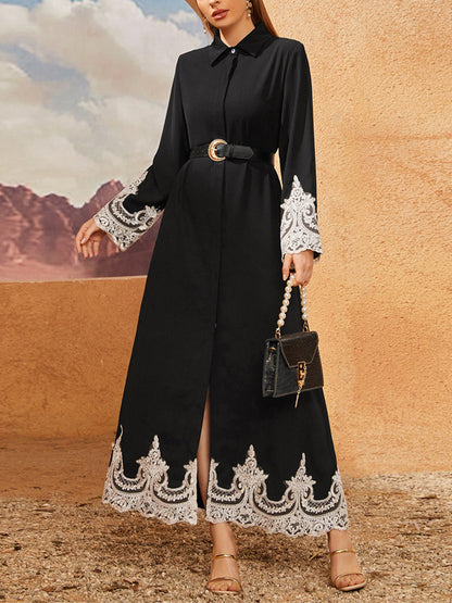 Maxi Dresses - Turn Up Button Lace Belt Maxi Long Maxi Dress - MsDressly