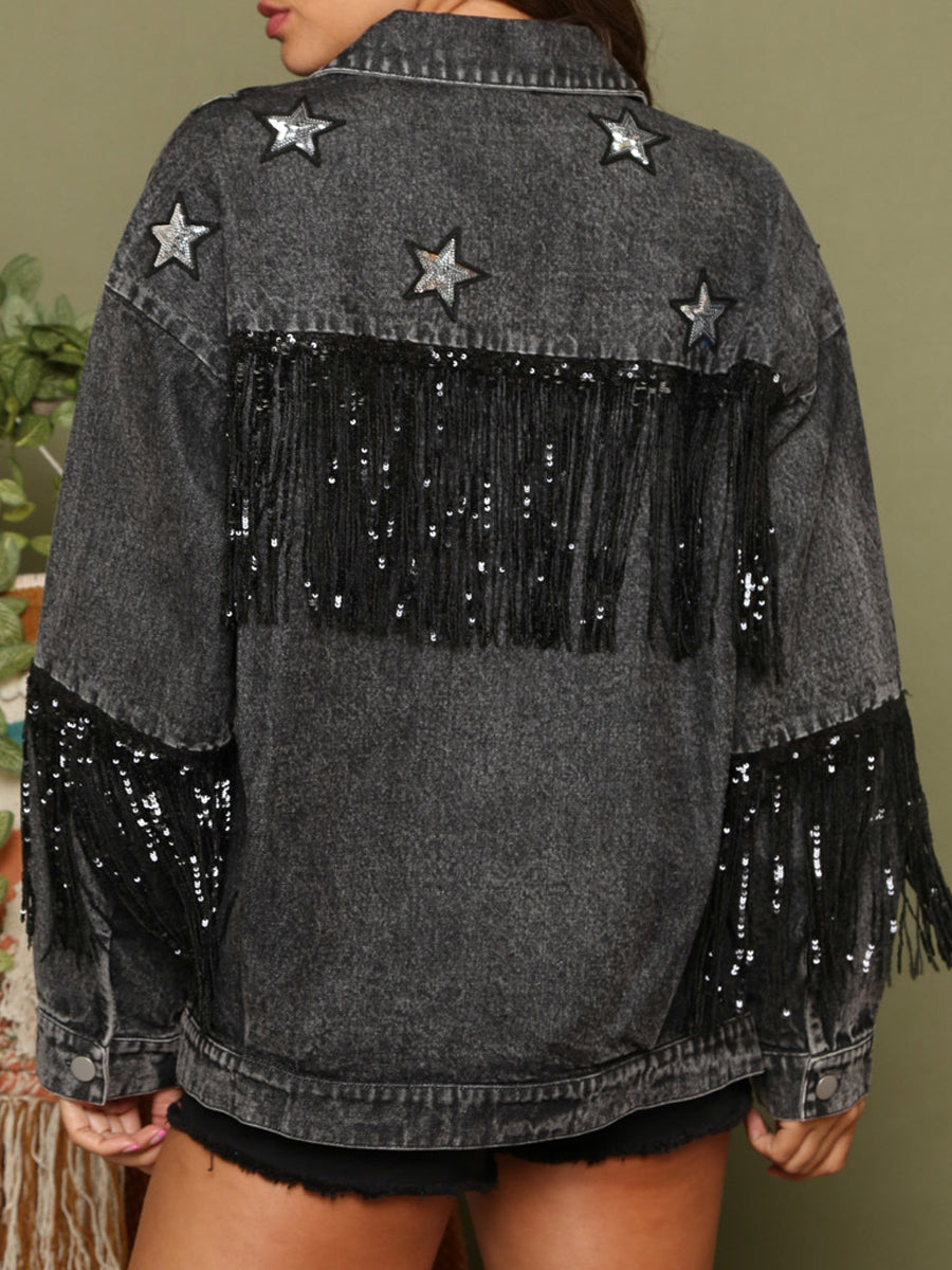Coats - Vintage Sequin Tassel Loose Lapel Denim Coat - MsDressly