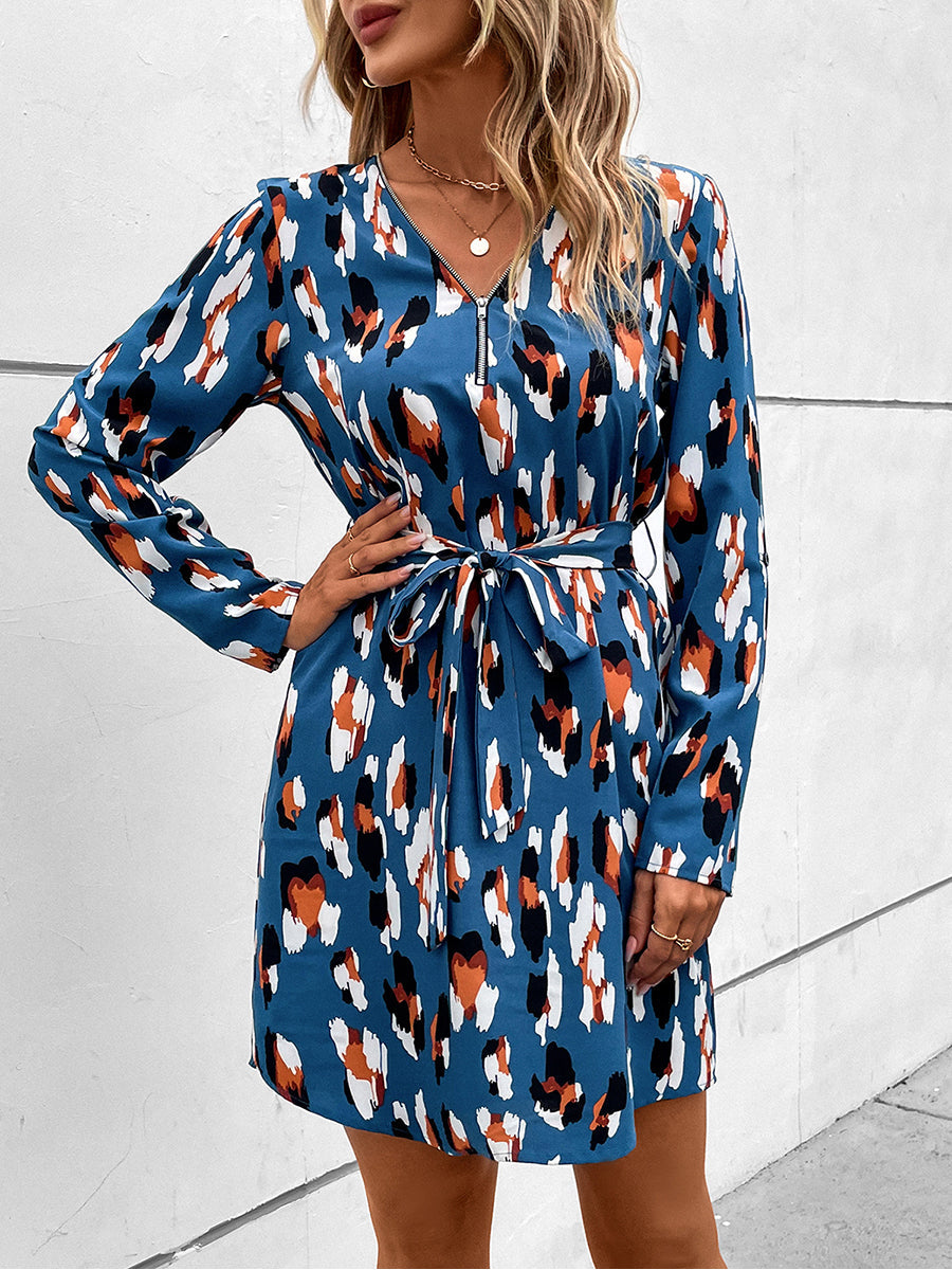 Mini Dresses - Spring And Autumn Long Sleeve V Neck Zip Neck Mini Dress - MsDressly