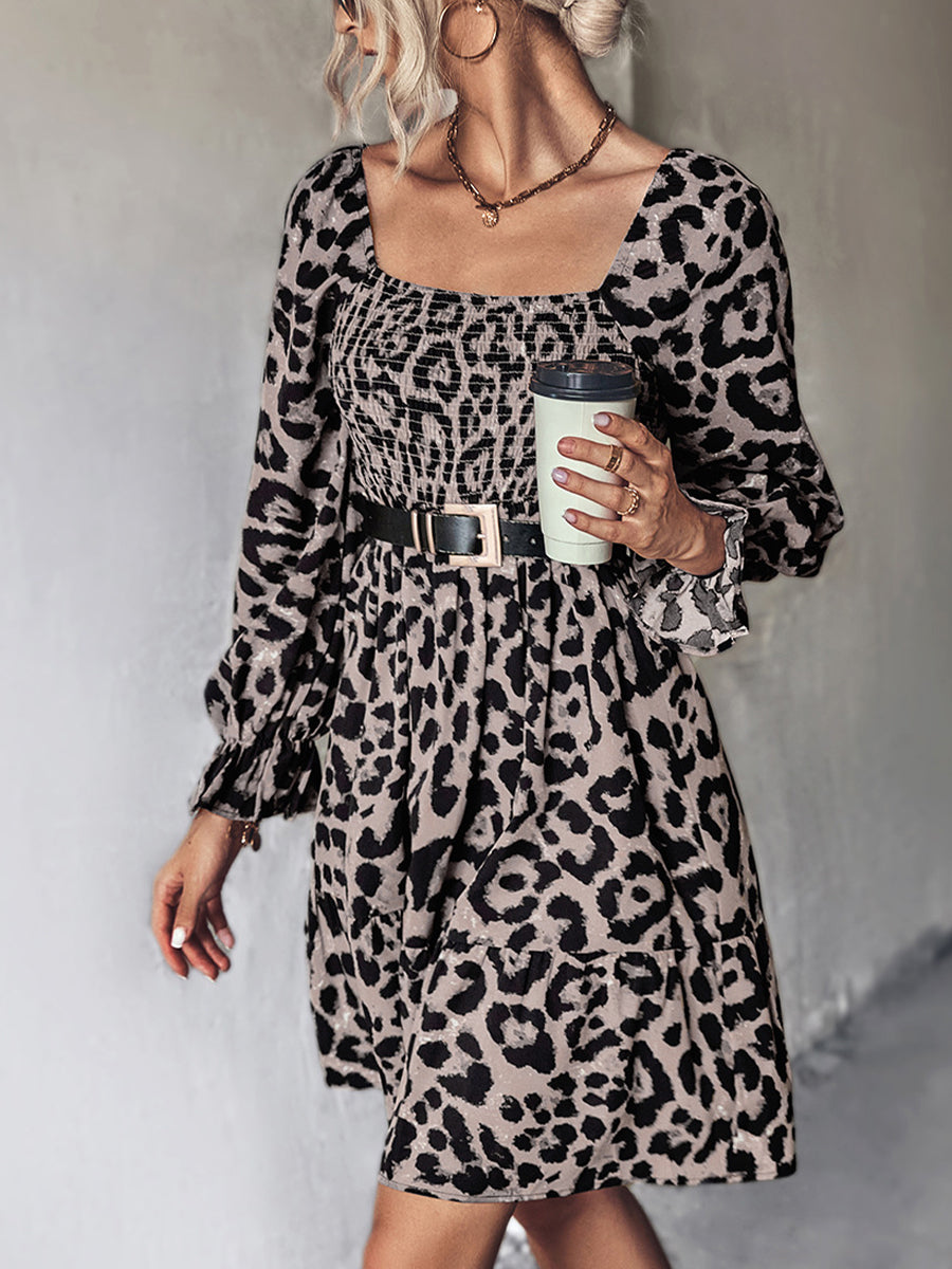 Mini Dresses - Classic Belt Leopard Long Sleeve Mini Dress - MsDressly