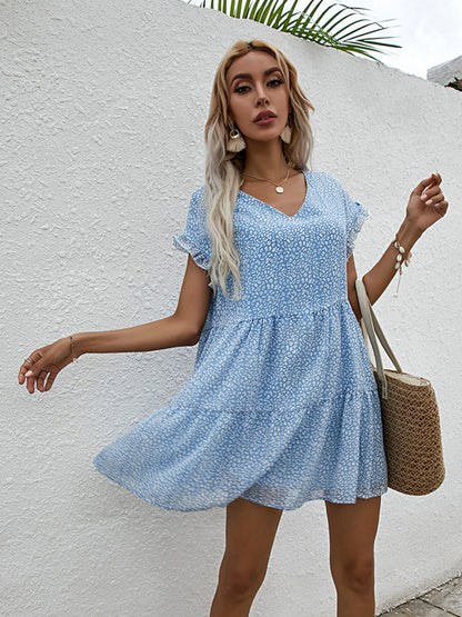 Mini Dresses - Chiffon Loose V Neck Short Sleeve Mini Dress - MsDressly