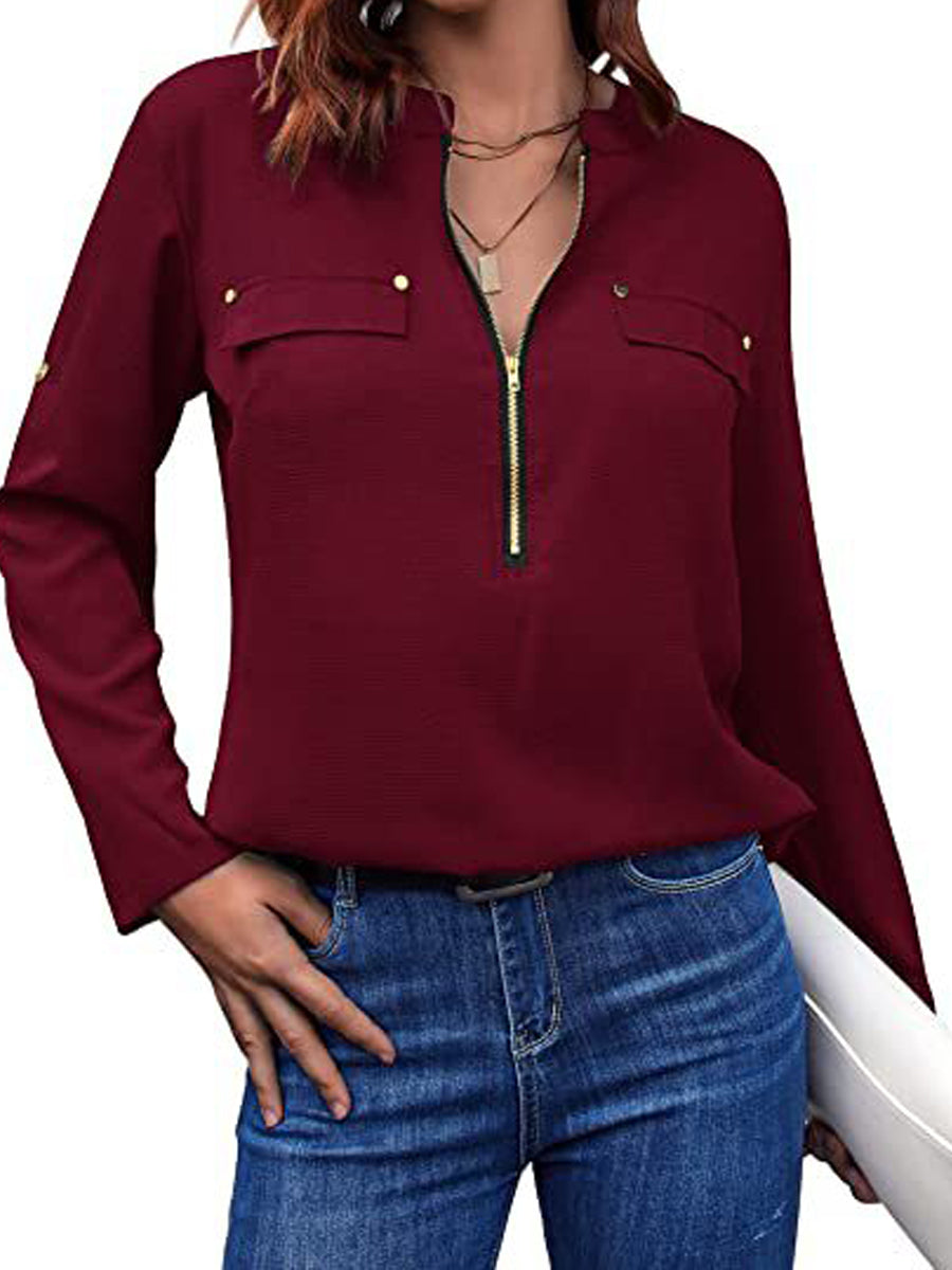 Plaid Zip Floral Casual Tunic 3/4 Sleeve Blouse