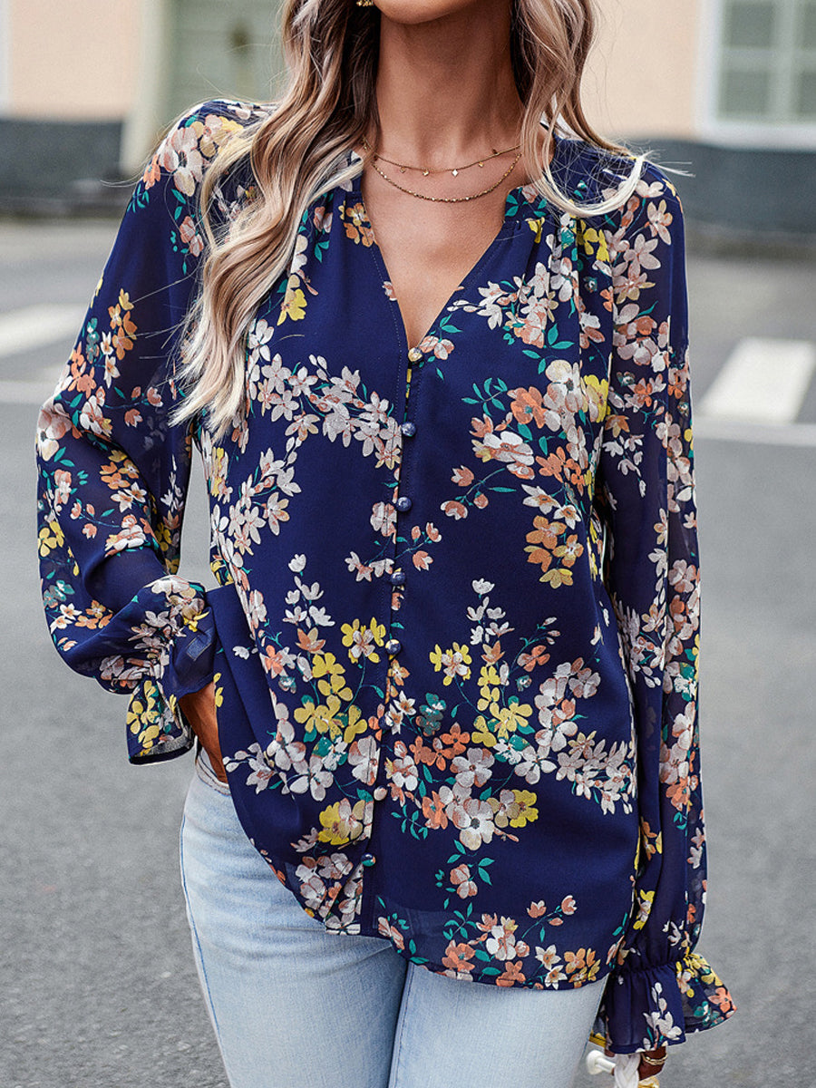 Blouses - Commuting Elegant Printed Button V Neck Long Sleeved Blouse - MsDressly