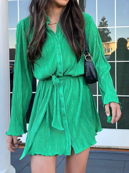 Mini Dresses - Floral Print Tie Lapel Single-Breasted Long-Sleeved Mini Dress - MsDressly