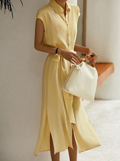 Midi Dresses - Shirtdress Work Collar Button Midi Dress - MsDressly