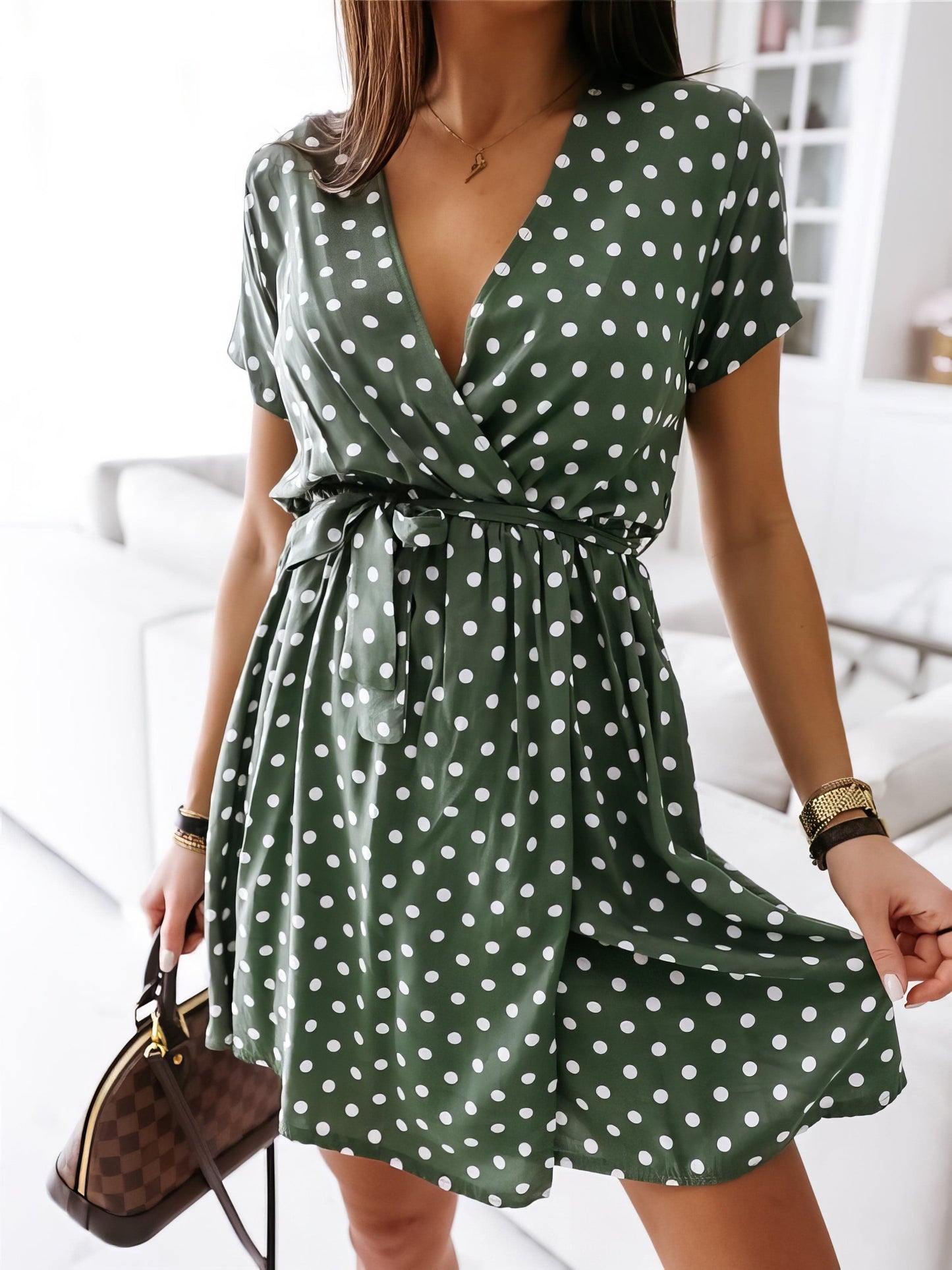Polka Dot V Neck Mini Dress with Short Sleeves