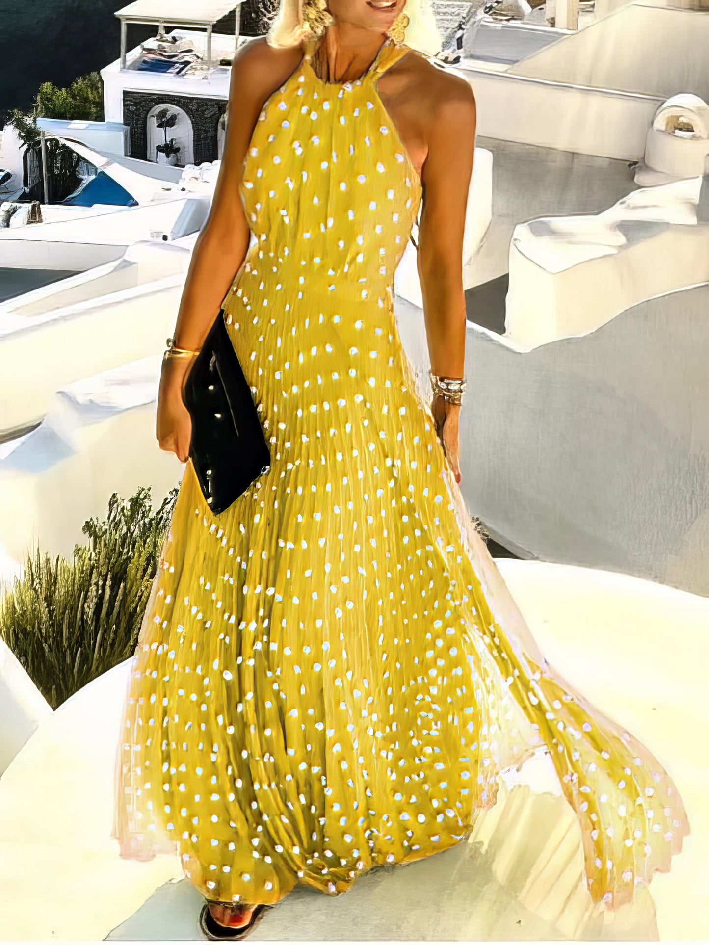 Maxi Dresses - Round Neck Sleeveless Polka Dot Print Dress - MsDressly