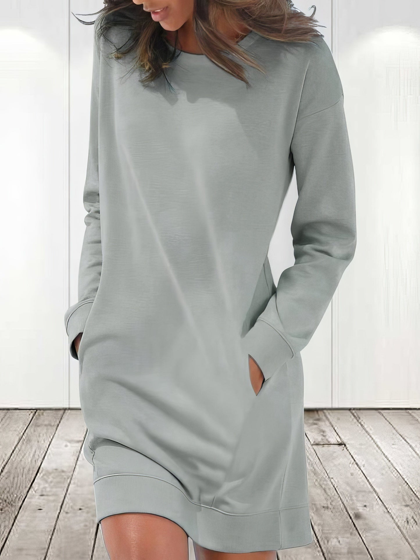 Rounded Neckline Long Sleeve Dress with Pockets