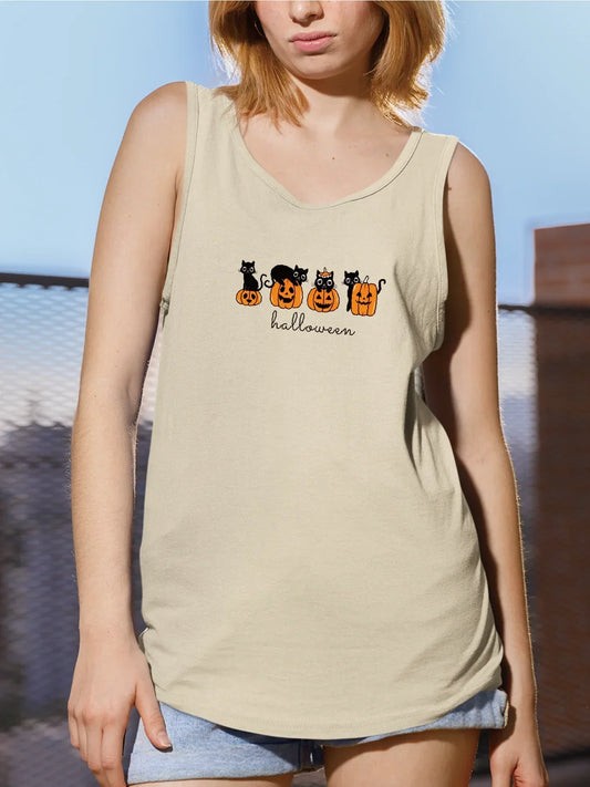 Halloween With Black Cats And Pumpkins Print Tank Top Sleeveless Casual Top For Summer & Spring Women's Clothing