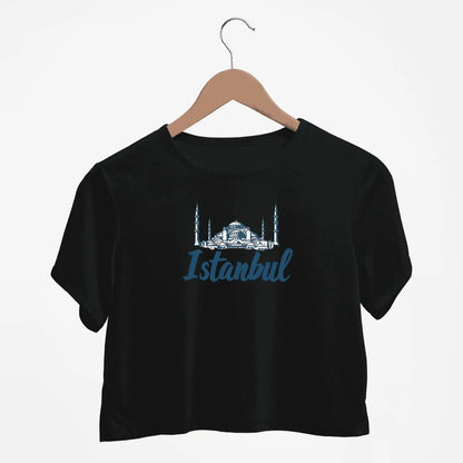 Istanbul Skyline With Bold Istanbul Print Crew Neck Crop T-Shirts Casual Short Sleeve Top For Spring & Summer Women's Clothing