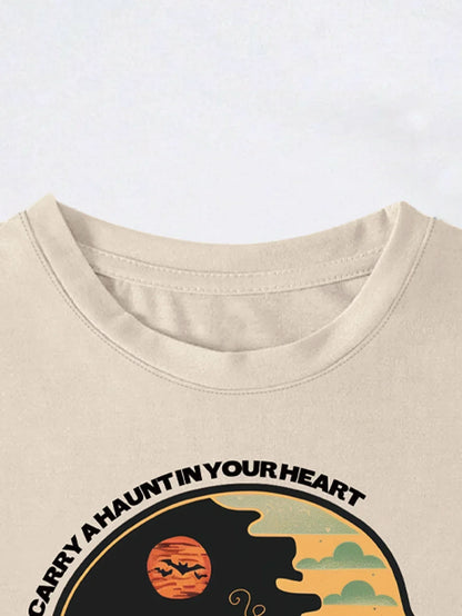 Halloween Graphic with Skull and Pumpkin Print T-shirt Short Sleeve Crew Neck Casual Top For Summer & Spring Women's Clothing