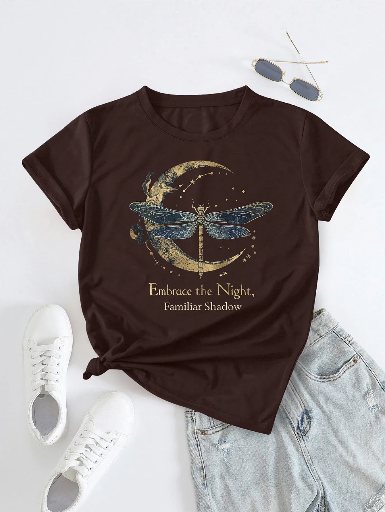 Enigmatic Dragonfly and Moon Graphic with Print T-shirt Short Sleeve Crew Neck Casual Top For Summer & Spring Women's Clothing