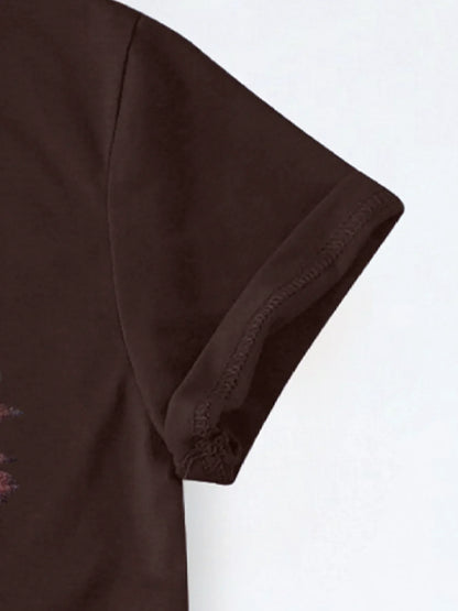 Aviator Sunglasses & Sunset Graphic Print T-shirt Short Sleeve Crew Neck Casual Top For Summer & Spring Women's Clothing