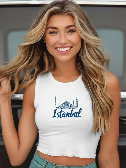 Istanbul Skyline Graphic With Bold Istanbul Print Crop Tank Top, Sleeveless Casual Top For Summer & Spring, Women's Clothing
