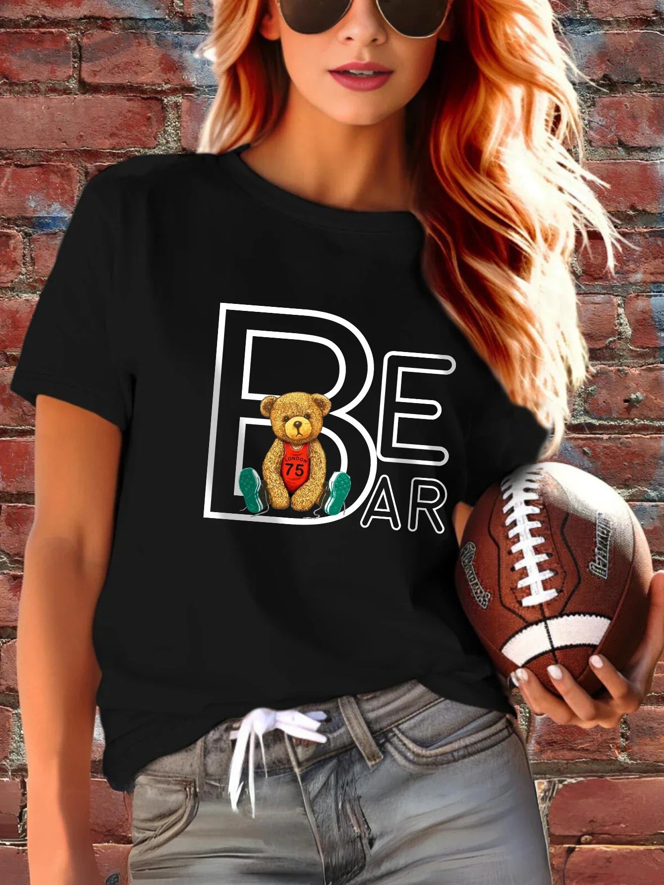 Retro Dress Bear Print Fashion Casual Crew Neck Short Sleeve T-shirt