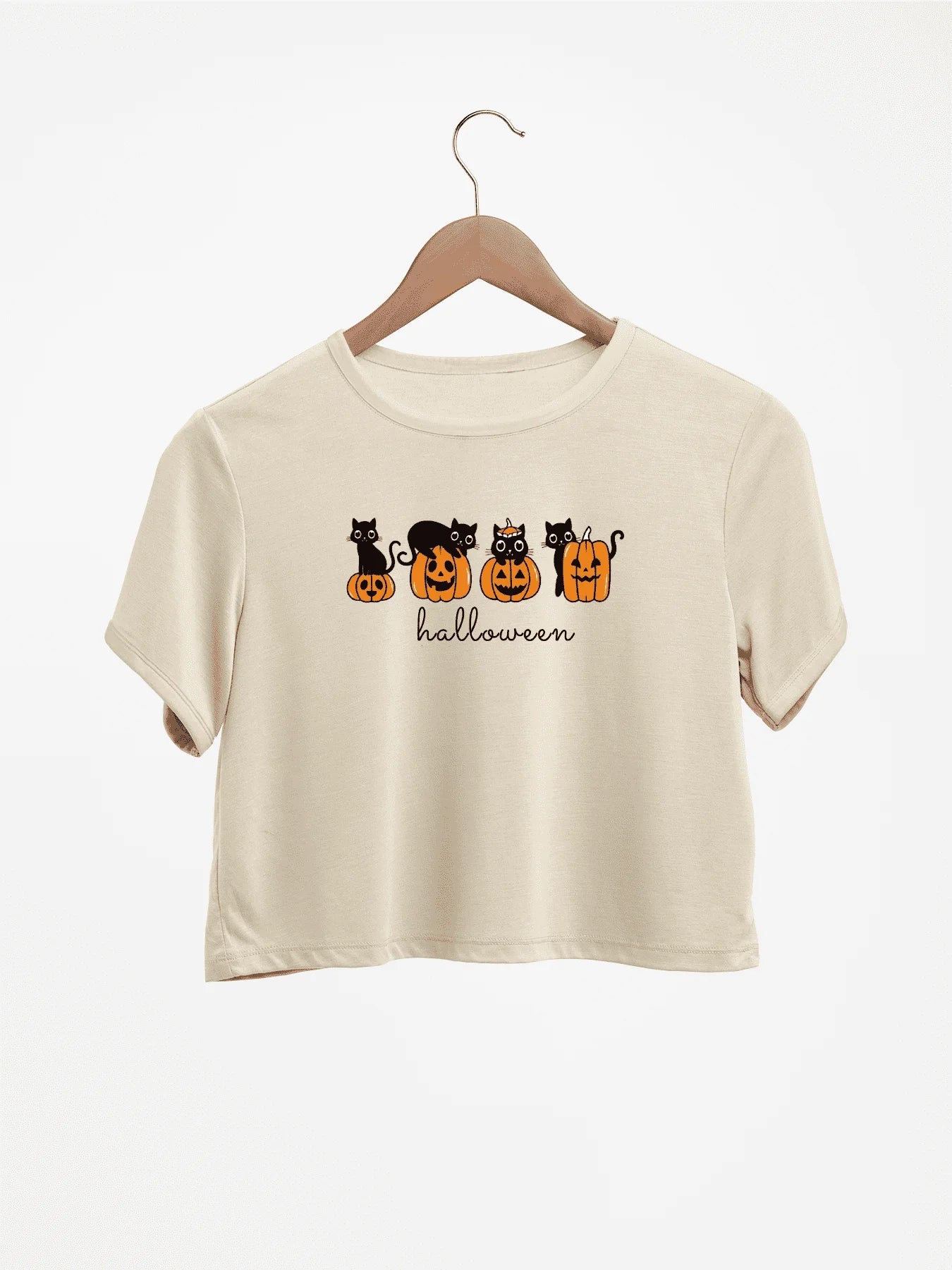 Halloween With Cats And Pumpkins Print Crew Neck Crop T-Shirts Casual Short Sleeve Top For Spring & Summer Women's Clothing