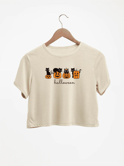 Halloween With Cats And Pumpkins Print Crew Neck Crop T-Shirts Casual Short Sleeve Top For Spring & Summer Women's Clothing