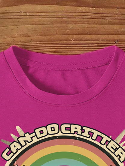 Fun 'Can-Do Critter' Raccoon Print T-shirt Short Sleeve Crew Neck Casual Top For Summer & Spring Women's Clothing