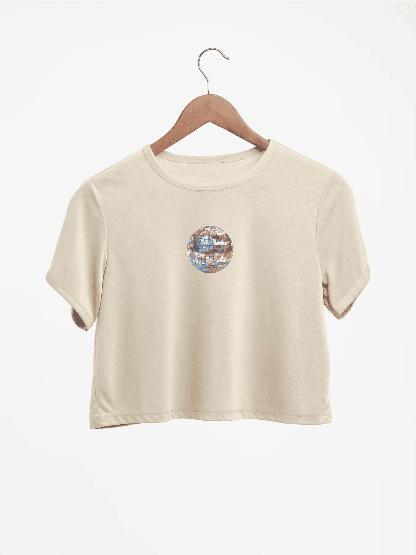 Eye-catching Disco Ball Graphic Print Crew Neck Crop T-Shirts Casual Short Sleeve Top For Spring & Summer Women's Clothing