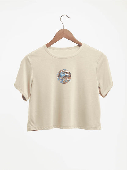 Eye-catching Disco Ball Graphic Print Crew Neck Crop T-Shirts Casual Short Sleeve Top For Spring & Summer Women's Clothing